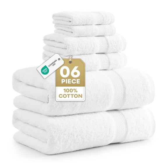 LANE LINEN 100% Cotton Bath Towel Set of 6 - Skin-Friendly & Gentle, Machine-Washable Care, Quick Dry - White