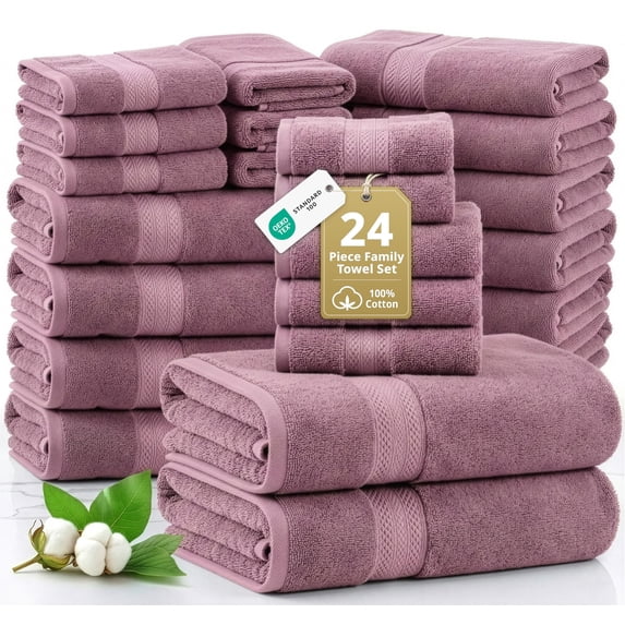 LANE LINEN 100% Ring Spun Cotton Towel Set of 24 - Cozy Everyday Softness, Soft, Durable & Absorbent - Wishful Mauve