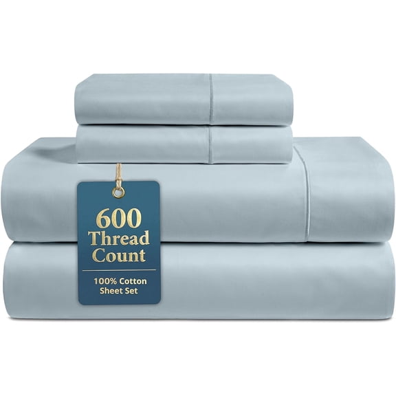 LANE LINEN 100% Cotton Bed Sheets  600 Thread Count Cooling Queen, Durable Daily Use Bedding, Value Comfort for Night Rest, Hotel Sateen Finish, Snug Fit 15" Deep Pocket Blue