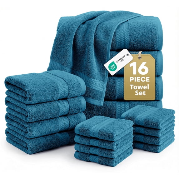 LANE LINEN 16 Pc 100% Cotton Bath Towel Set - Quick Moisture Absorption, Ideal for Spa & Daily Use - Sea Port