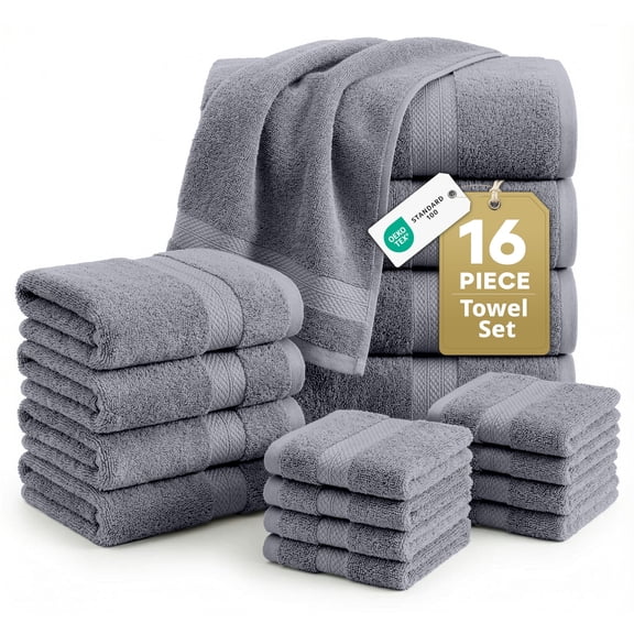 LANE LINEN 100% Cotton Bath Towel Set of 16 - Soft & Absorbent Comfort, Ideal for Home & Guests - Cool Grey