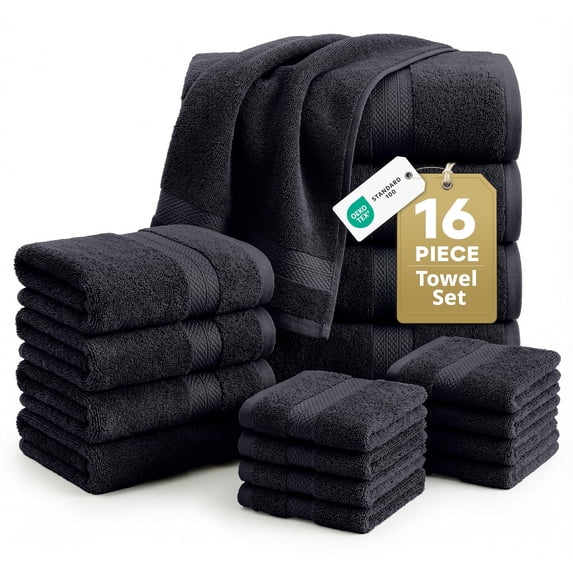 LANE LINEN 16 Pc 100% Cotton Bath Towel Set - Soft Everyday Essential, High-Absorbency Hotel-Style Look Design - Black