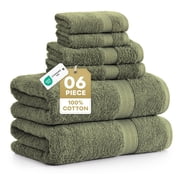 LANE LINEN Bath Towel Set of 6 - 100% Cotton, Breathable Woven Loops & Quick-to-Dry Comfort - Oil Green