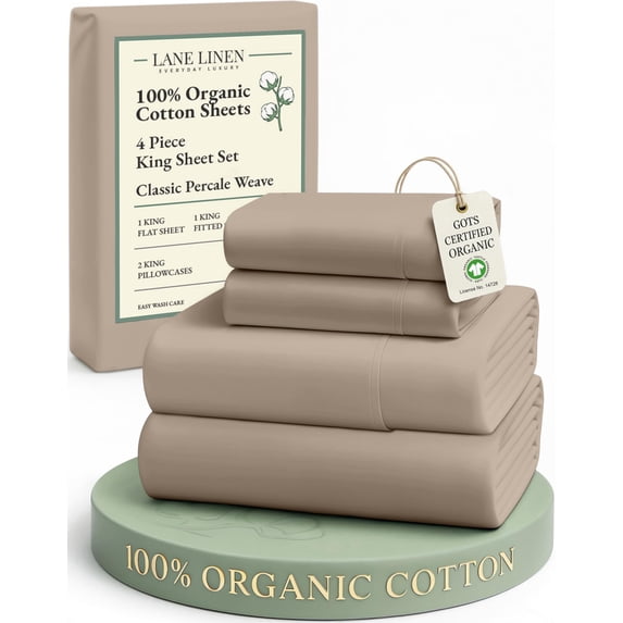 LANE LINEN King 100% Organic Cotton Bed Sheet Set - Sheets Set, Crisp Percale, 14" Deep Pocket, Soft & Smooth, Cool & Comfortable All Night - Taupe