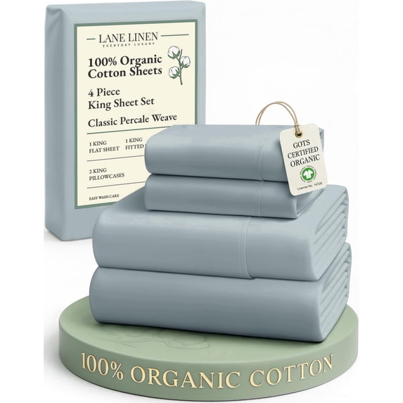 LANE LINEN King 100% Organic Cotton Bed Sheet Set - Classic Percale, 14" Deep Pocket, GOTS Certified, for All Seasons - French Blue
