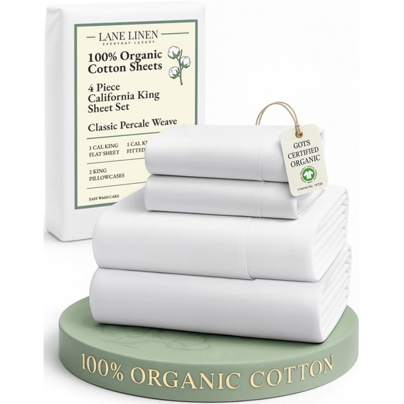 LANE LINEN 100% Organic Cotton California King Sheets Set - Classic Percale, 14" Deep Pocket, Naturally Cooling Comfort, Durable - White