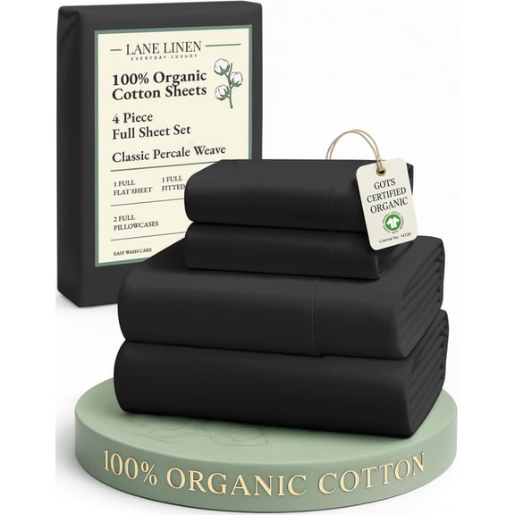 Lane Linen 100% Organic Cotton Full Sheets Set, 4-Piece Pure Organic Cotton Percale Sheets, Long Staple Cotton Sheet, Ultra Soft Bedding Sheet, Breathable,Fits Mattress Upto 15" Deep - Black