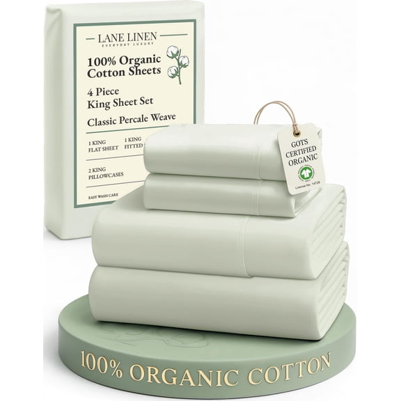 Lane Linen 100% Organic Cotton King Bed Sheet Set, Bedsheets 4Pc Soft Cooling Fully Elasticized Mercerised All Season Sustainably Produced Cotton Sheets King Size, Oeko Tex Sheets - Mineral