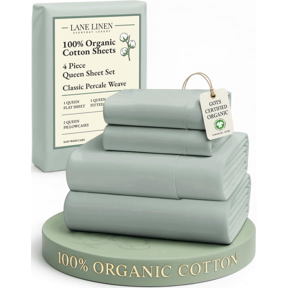 LANE LINEN Queen 100% Organic Cotton Sheets Set - Naturally Cooling & Soft Sheet Set, Lightweight Percale, 14" Deep Pocket, Machine Washable - Cool Blue
