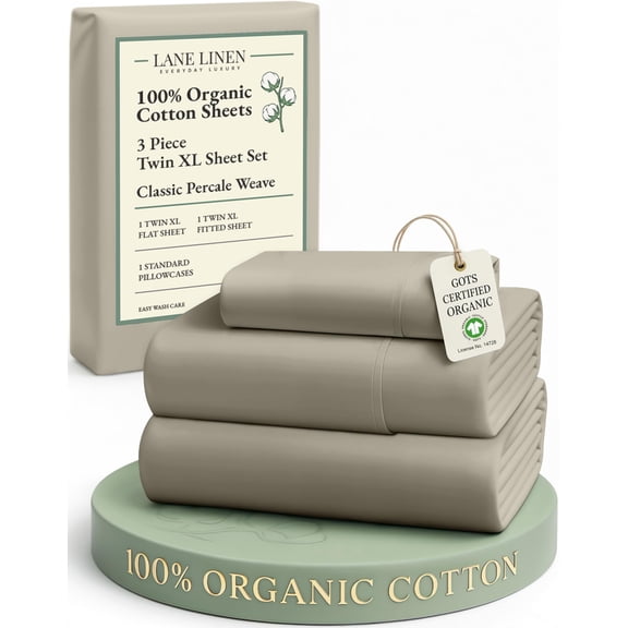 LANE LINEN 100% Organic Cotton Twin Sheet Set - Percale Weave, 14" Deep Pocket, Soft, for Dorm & RV, Cool Comfort for Restful Sleep - Silver