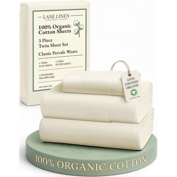 Lane Linen 100% Organic Cotton Twin Bed Sheet Set, 3 Pc Twin Size Bed Sheets, Soft & Breathable Twin Sheet Set Boys, Hotel Style Bedding Sheets & Pillowcases, 15" Deep Fitted Sheet - Natural