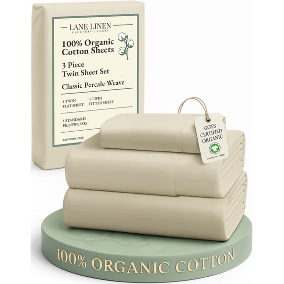 LANE LINEN 100% Organic Cotton Twin Bed Sheet Set - Hotel Percale, 14" Deep Pocket, Durable, for Guest Room, Year-Round Comfort - Linen