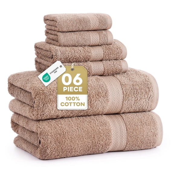 LANE LINEN 6 Piece Bath Towel Set - 100% Cotton - Compact Family Pack & Refresh-Ready Basics - Taupe
