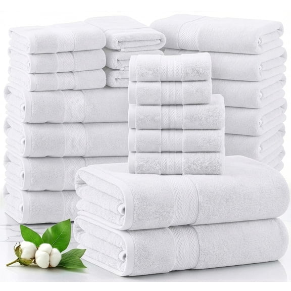 LANE LINEN 24 Piece Bath Towel Set - 100% Ring Spun Cotton - Family-Size Comfort, Lasting Fluffy Softness - White