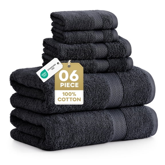 LANE LINEN 6 Pc 100% Cotton Bath Towel Set - Value Starter Set, Cozy Handfeel & Durable Basics - Black