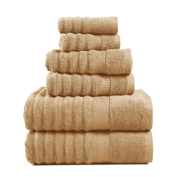 LANE LINEN Ribbed Bath Towel Set of 6 - 100% Cotton, Zero-Twist, Quick-Dry & Long-Lasting for Guest Baths - Taupe