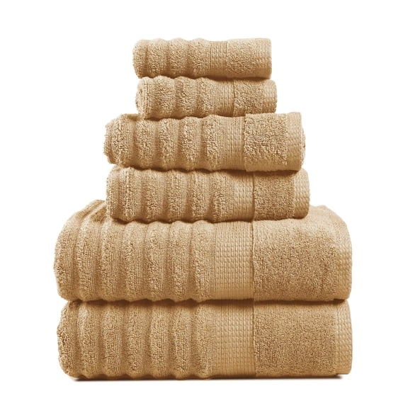 LANE LINEN Ribbed Bath Towel Set of 6 - 100% Cotton, Zero-Twist, Quick-Dry & Long-Lasting for Guest Baths - Taupe