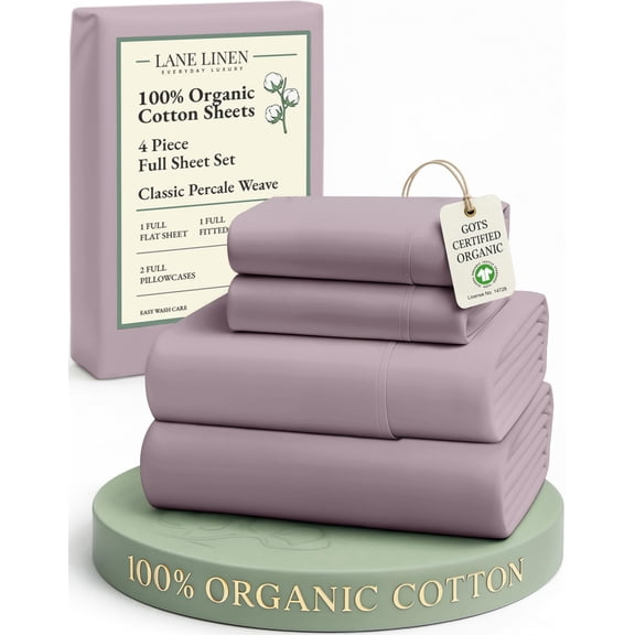 LANE LINEN Full 100% Organic Cotton Sheet Set - Soft Percale Sheet set, 14" Deep Pocket, Naturally Cooling Sleep Comfort - Lilac