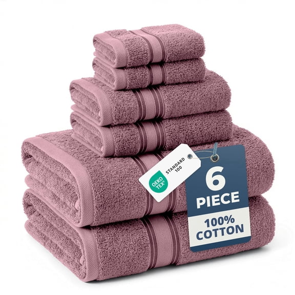 LANE LINEN 6 Pc Zero-Twist Bath Towel Set - 100% Cotton, Cloud-Soft Loops & Long-Lasting - Wishful Mauve