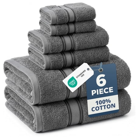 LANE LINEN Zero-Twist Technology 6 Pc Bath Towel Set - 100% Cotton, Easy-Care, Long-Lasting & Feather-Soft - Grey