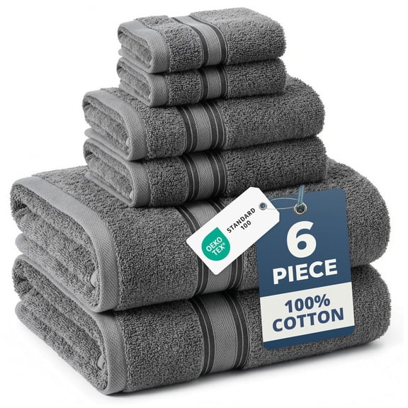 LANE LINEN Zero-Twist Technology 6 Pc Bath Towel Set - 100% Cotton, Easy-Care, Long-Lasting & Feather-Soft - Grey