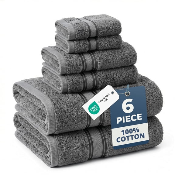 LANE LINEN 100% Cotton Bath Towel Set of 6 - Zero-Twist Softness, Feather-Light & Absorbent - Cool Grey
