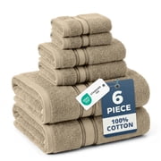 LANE LINEN 6 Piece Zero-Twist Bath Towel Set - 100% Cotton, Naturally Soft, Light & Easy-Care - Taupe