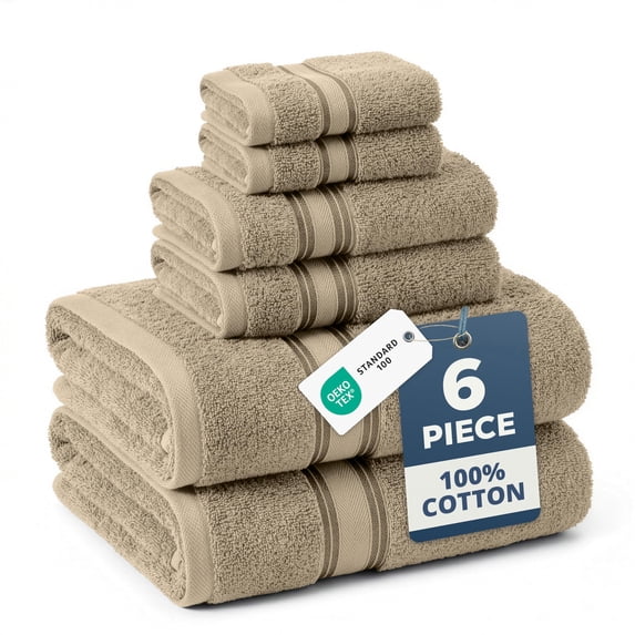 LANE LINEN 6 Piece Zero-Twist Bath Towel Set - 100% Cotton, Naturally Soft, Light & Easy-Care - Taupe