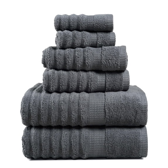LANE LINEN Ribbed Bath Towel Set of 6 - 100% Cotton, Zero-Twist, Spa-Quality, Absorbent & Long-Lasting - Grey