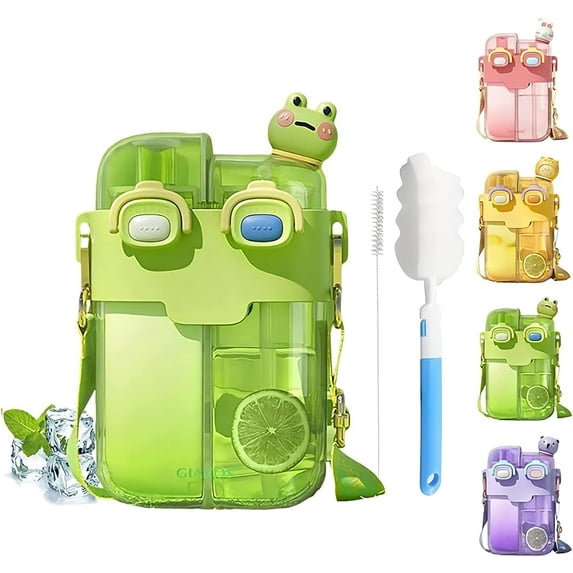 LANFENG Bottle Kawaii Water Bottle Cute Water Bottles with Straw, Double Chamber Water Bottle with Adjustable Strap and Kawaii 3D Stickers, Portable Leakproof Water Jug, 26oz