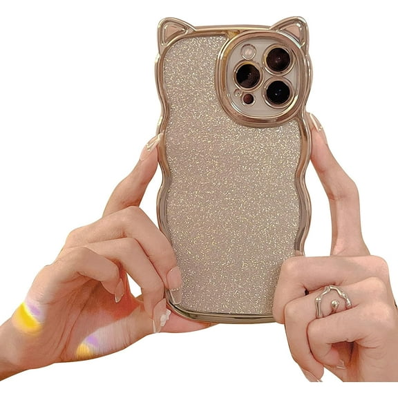LANFENG Case Compatible with iPhone 15 Case for Women/Girls, Cute Cat Ears Luxury Plating Glitter Bling Back Curly Wave Anti-Scratch Shockproof Case