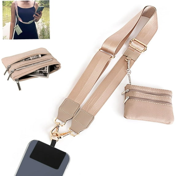 LANFENG Clip and Go Strap for Phone with Wallet Crossbody, Adjustable Phone Strap with Wallet, Phone Strap with Zippered Pouch, Crossbody Phone Strap for All Phones, Beige Green