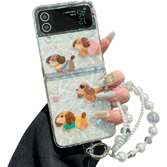 LANFENG Cute Case Compatible with Samsung Galaxy Z Flip 6 with Chain, Soft Cartoon Funny Dog Pattern Pleated Design Shock Protective Case Cover for Z Flip 6 for Women