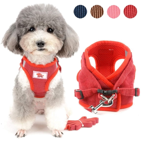 LANFENG Small Dog Harness and Leash Set No Pull Adjustable Reflective Step-in Puppy Boy Girl Vest Harnesses Soft Corduroy Mesh Padded for Pet Dogs Cats