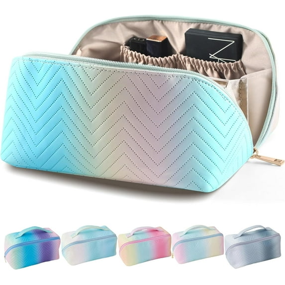 LANFENG Travel Makeup Bag for Women, Large Capacity Colored Cosmetic Bags Organizer, Waterproof Portable Pouch Open Flat Small PU Leather Toiletry Bag