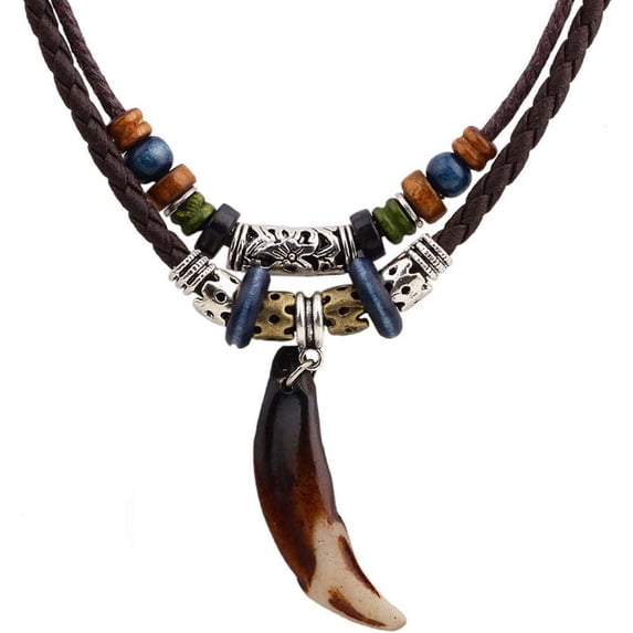 LANFENG Vintage Style Double Layers Braided Leather Tribal Necklace with Charm Cross and Teeth Pendant