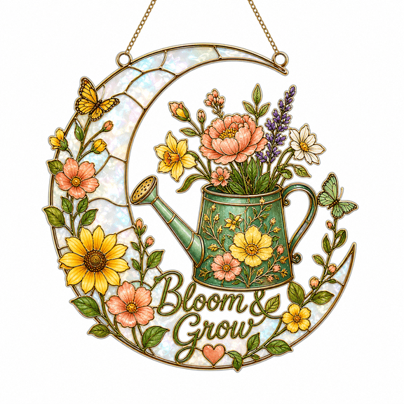 LANG ECOMMERCE Acrylic Suncatcher Bloom and Grow Watering Can Floral Window Hanging for Gardeners