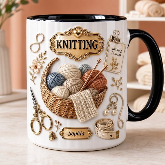 LANG ECOMMERCE Custom Name Mug Boho Knitting Ceramic Coffee Cup for Knitters