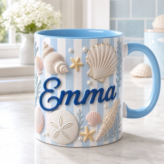 LANG ECOMMERCE Custom Name Mug, Seashell and 3D Starfish Ceramic Coffee Cup for Beach Lovers