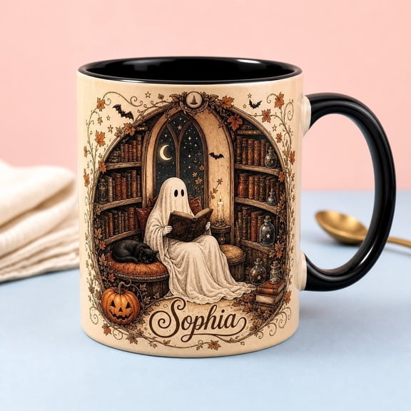 LANG ECOMMERCE Custom Name Mug Spooky Reading Ghost Ceramic Coffee Cup for Library Halloween Gift