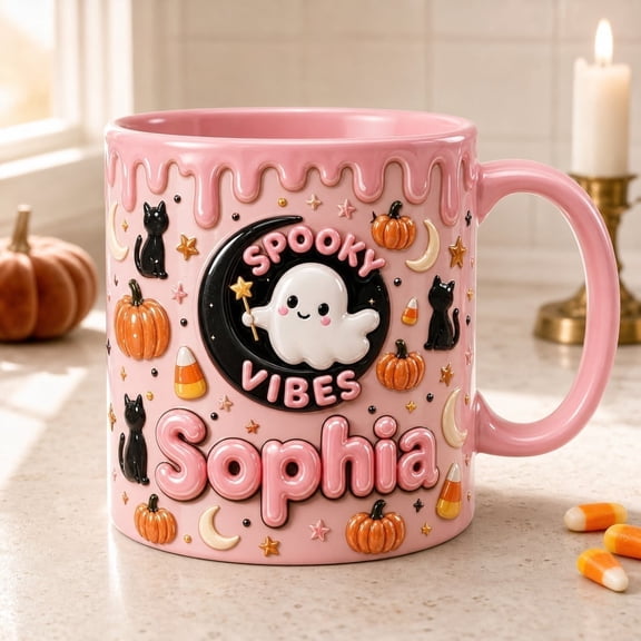 LANG ECOMMERCE Custom Name Mug Spooky Vibes Ghost Ceramic Coffee Cup for Halloween Gift for Her