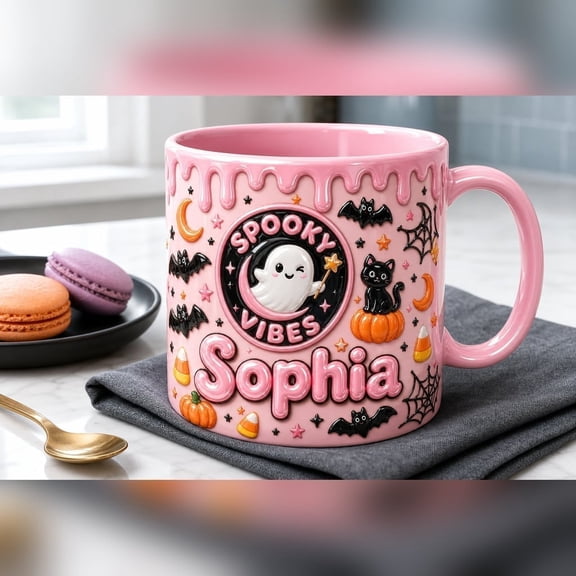 LANG ECOMMERCE Custom Name Mug Spooky Vibes Pink Ceramic Coffee Gift for Her