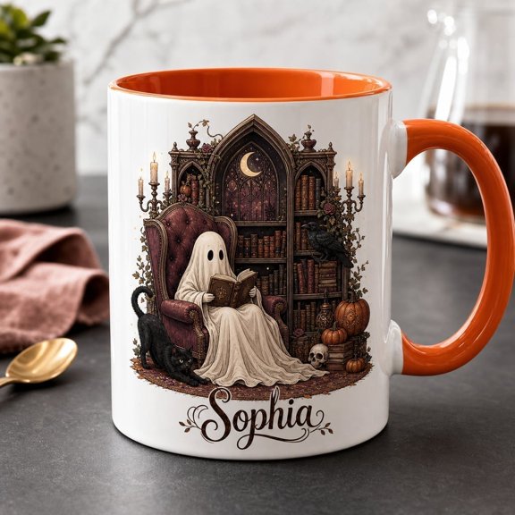 LANG ECOMMERCE Custom Reading Mug, Spooky Ghost Cat Ceramic Coffee Cup for Library Book Lovers Halloween