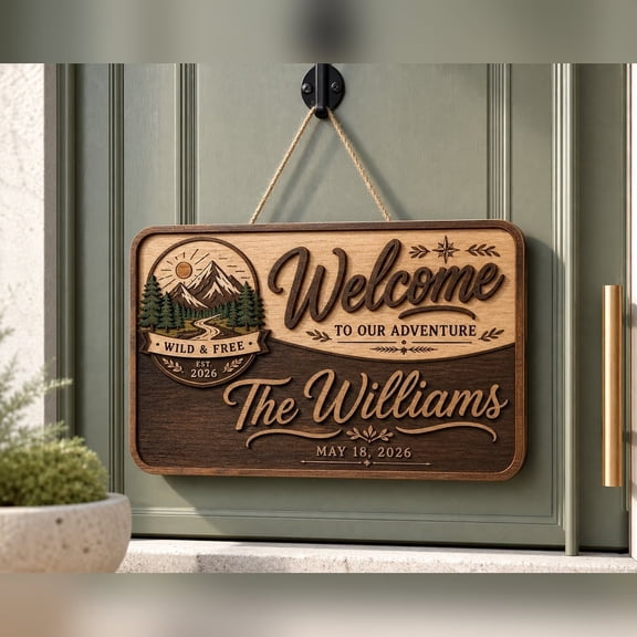 LANG ECOMMERCE Custom Welcome Sign Personalized Family Name Wooden Door Decor Mountain Adventure Theme Home Entryway
