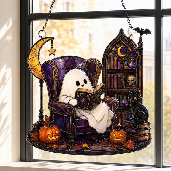 LANG ECOMMERCE Cute Ghost Reading Book Acrylic ,Halloween Window Hanging,Cat Lover Gift,Book Lover Gift,Halloween Bookish Gift,Halloween Home Decor