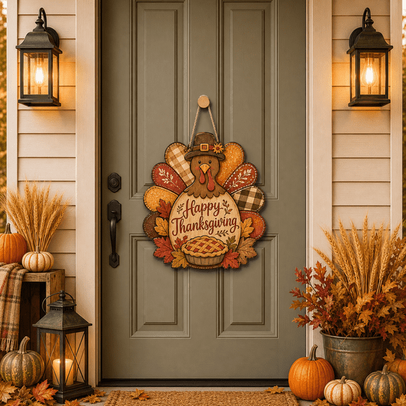LANG ECOMMERCE Door Sign Turkey Thanksgiving Wood Front Door Hanger for Fall Gatherings