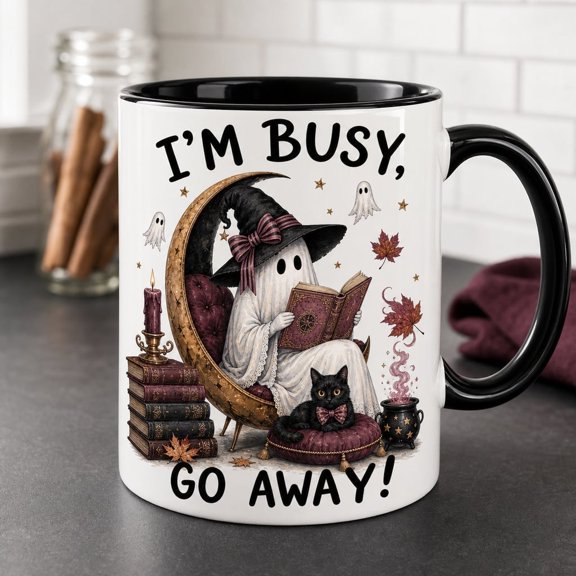 LANG ECOMMERCE Ghost Mug Busy Go Away Ceramic Coffee Cup Halloween Book Lover Introvert Gift