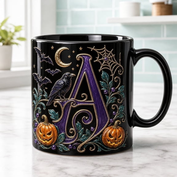 LANG ECOMMERCE Monogram Letter Mug Halloween Witch Hat Ceramic Coffee Cup Custom Initial Jack O Lantern Design Gift