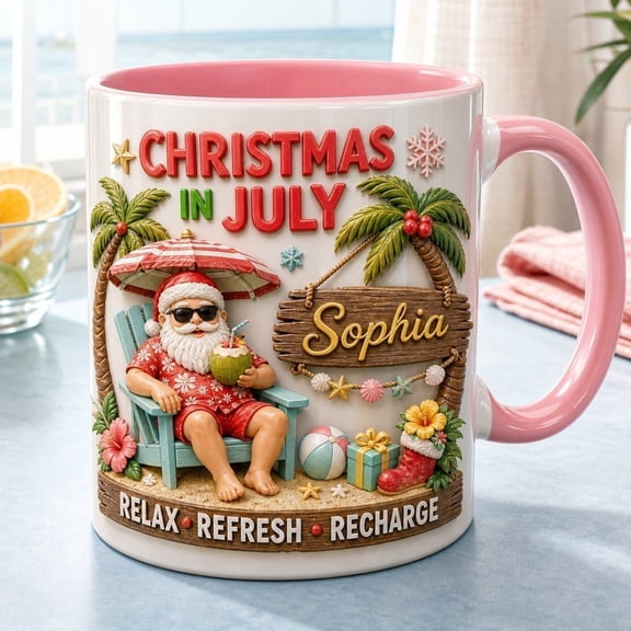 LANG ECOMMERCE Mug Custom Name Santa Beach Ceramic Coffee Drinkware Christmas in July Holiday Gift