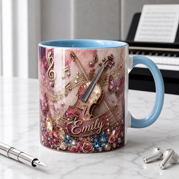 LANG ECOMMERCE Mug Personalized Violin and Blue Butterfly Ceramic Coffee Drinkware Violin Teacher Birthday Gift